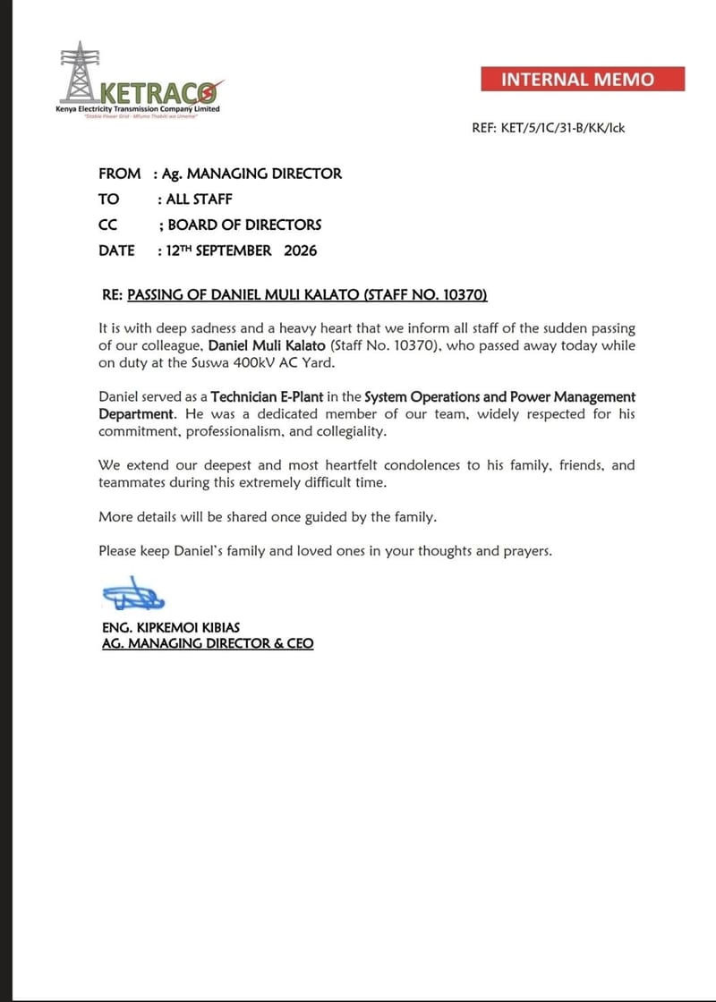 The internal memo KETRACO sent to staff after technician Daniel Muli Kalato died on duty at the Suswa 400kV AC Yard on September 12, 2026.