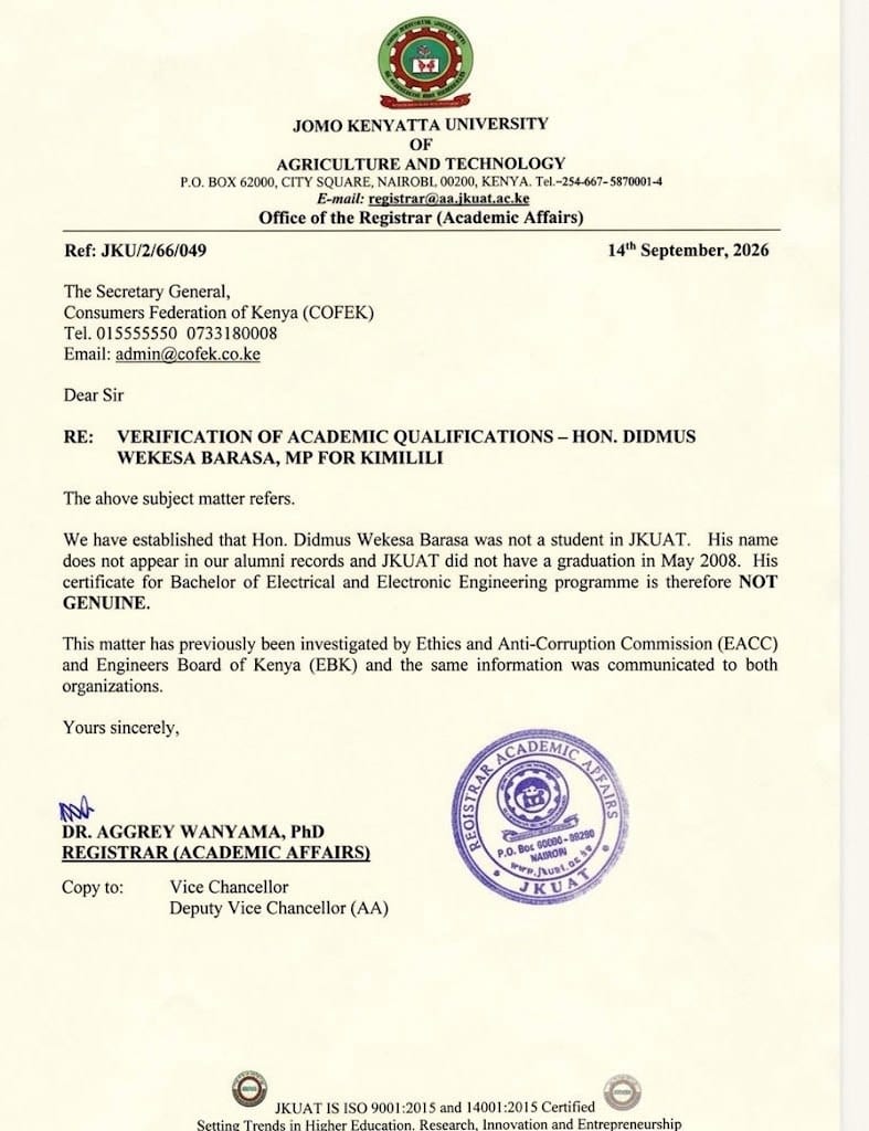 JKUAT Disowns Didmus Barasa’s Engineering Degree, Says He Was Never a Student