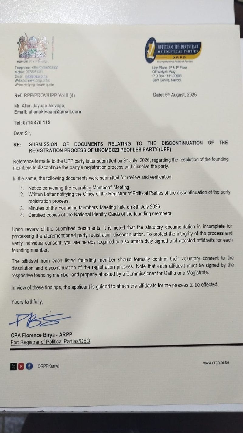An August 6, 2026 letter from the Office of the Registrar of Political Parties directing Ukombozi People’s Party founders to submit signed and attested affidavits before their request to discontinue the party’s registration process could be effected.