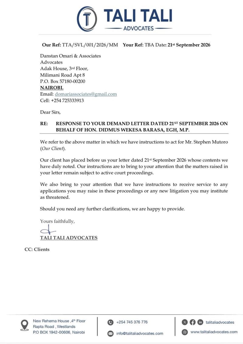 Mutoro's reply to Didmus Barasa via Tali Tali advocates
