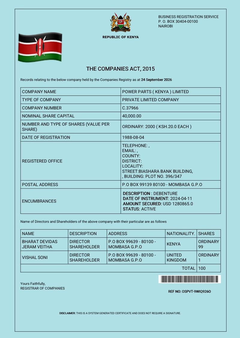 Business Registration Service record for Power Parts (Kenya) Limited dated September 24, 2026.