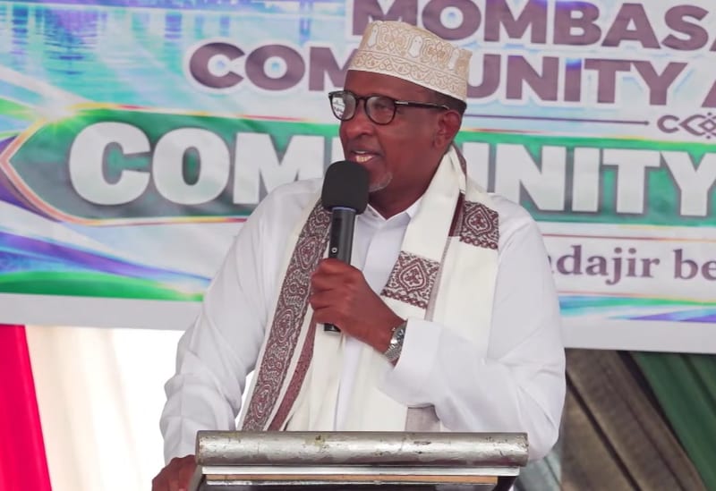 Health CS Aden Duale speaking at the Mombasa Somali community meeting where he endorsed Governor Abdulswamad Nassir's re-election bid.