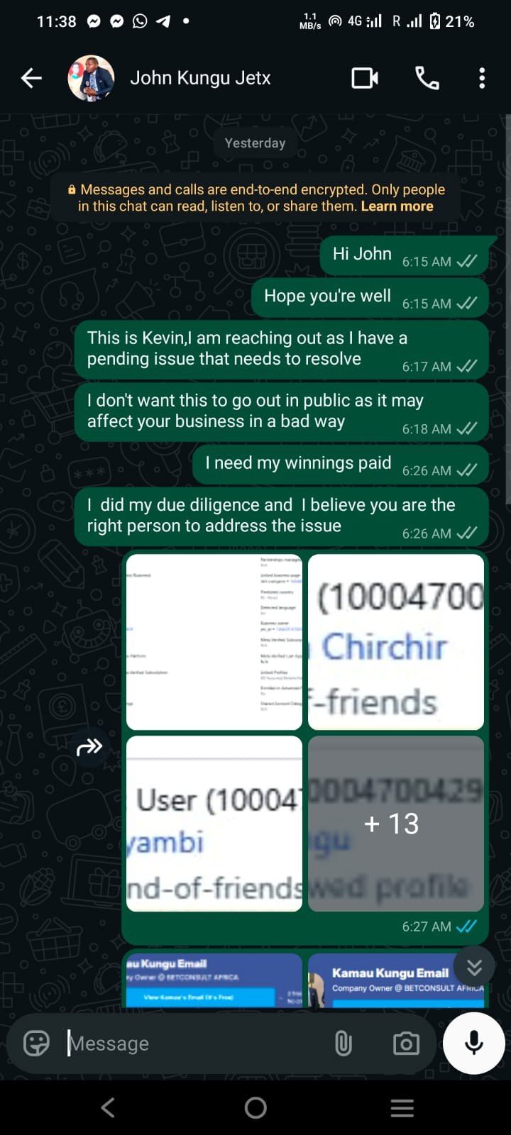 The complainant reached out to John Kung'u trying to solve the matter