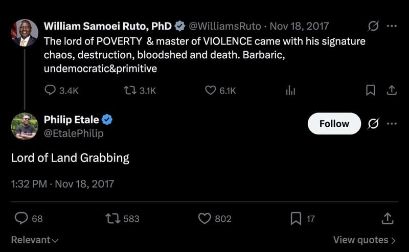 Ruto's post on Raila Odinga