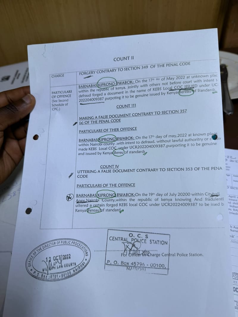 A charge sheet of the fraud case against Kiprop BwaBok