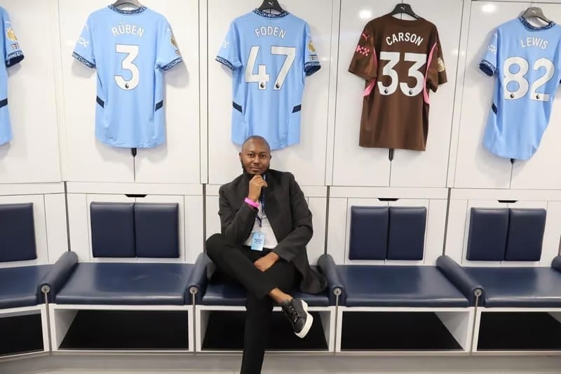 Pakakumi owner Morris Musyoka pictured in the Manchester City dressing room during a trip to the UK, a glimpse of the lifestyle he is fighting to protect.