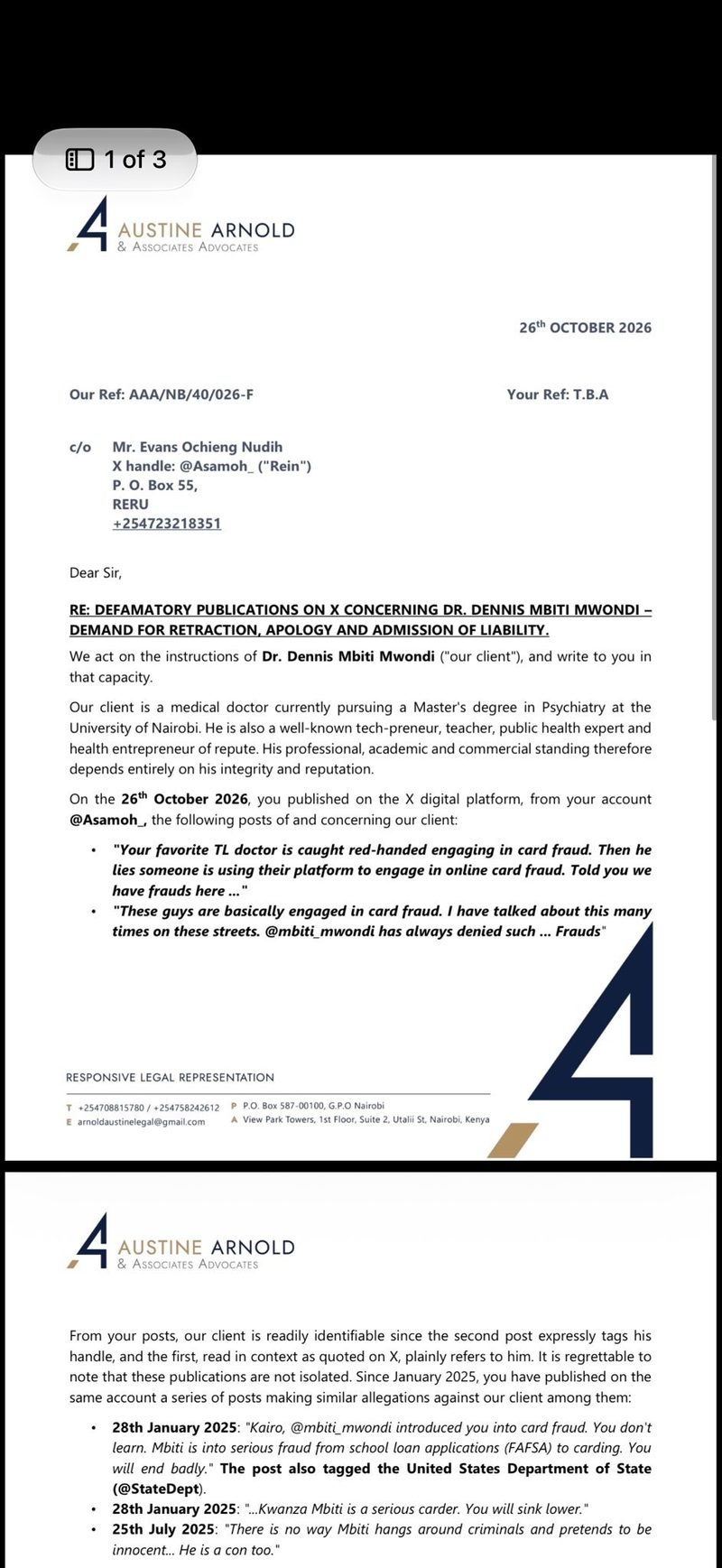 Demand letter to Asamoh