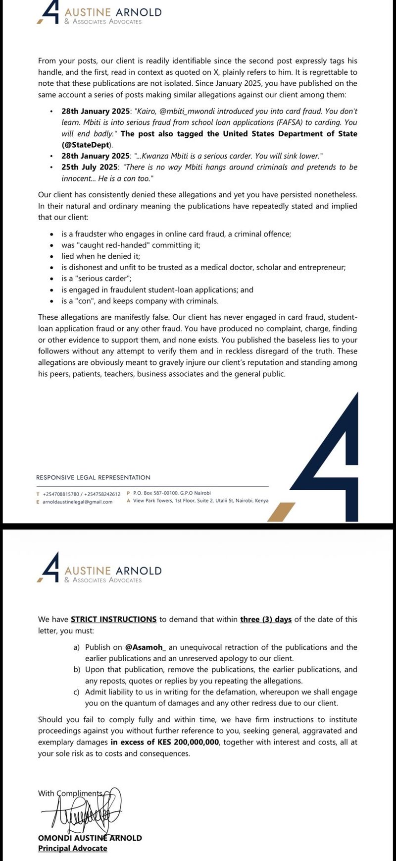 Demand letter to Asamoh