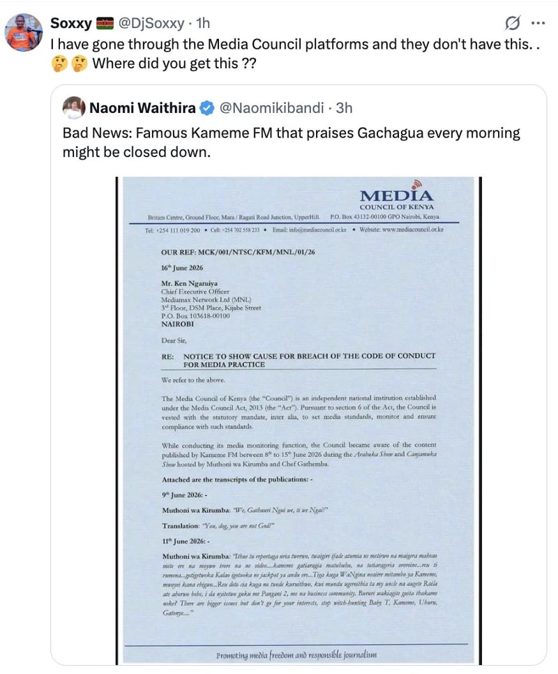 Fake Notice Claiming Kameme FM Faces Shutdown Circulates Online