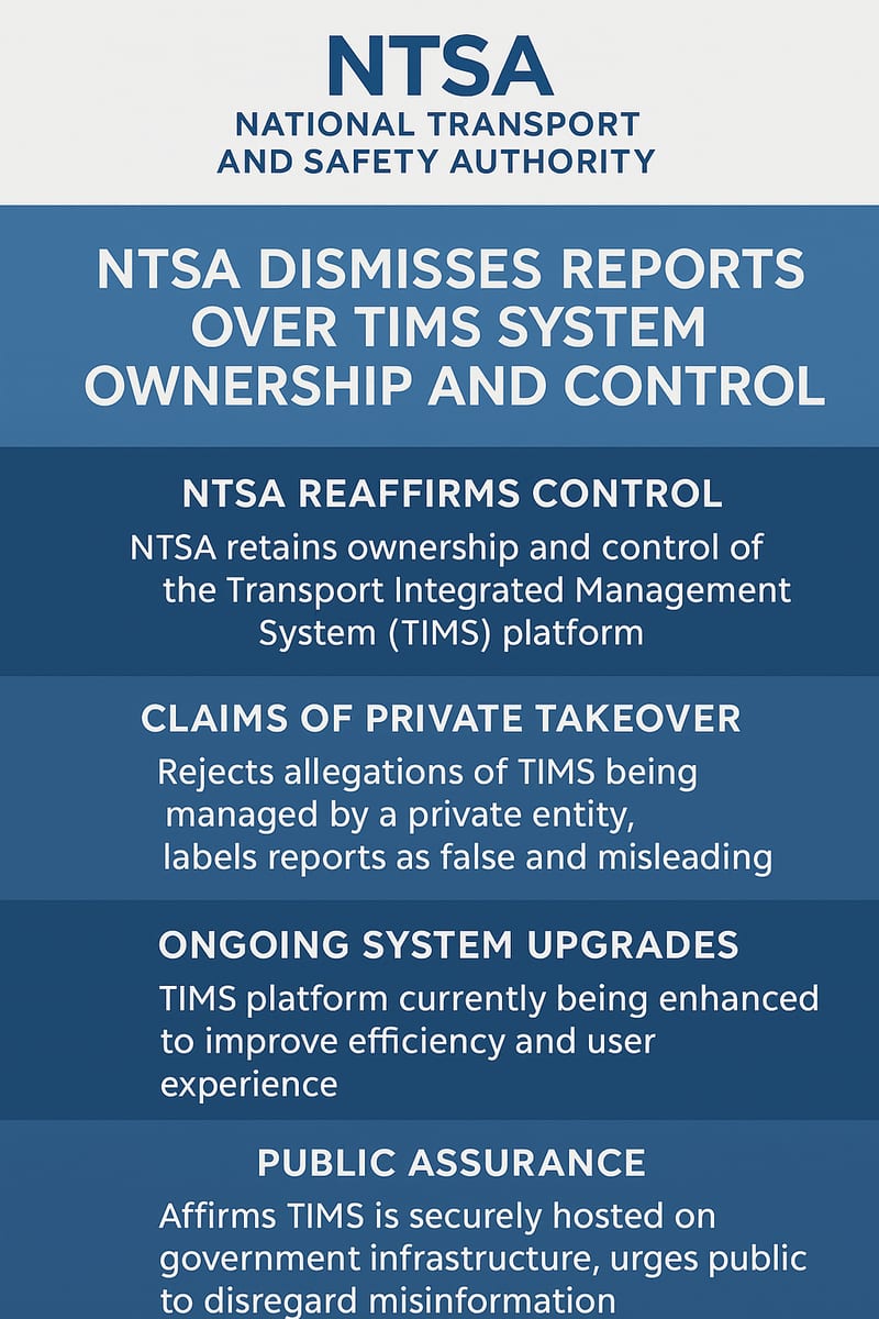A digital infographic by the National Transport and Safety Authority (NTSA) clarifying the ownership and management of the Transport...