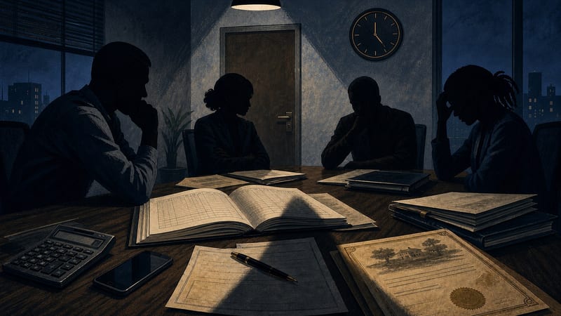 Editorial illustration of four anonymous employees at a late-night accounts meeting with ledgers and property documents.