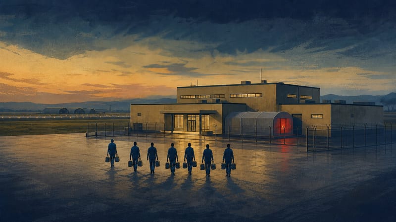 Editorial illustration of seven anonymous medical responders approaching a conceptual bio-isolation facility at an air base at dusk.