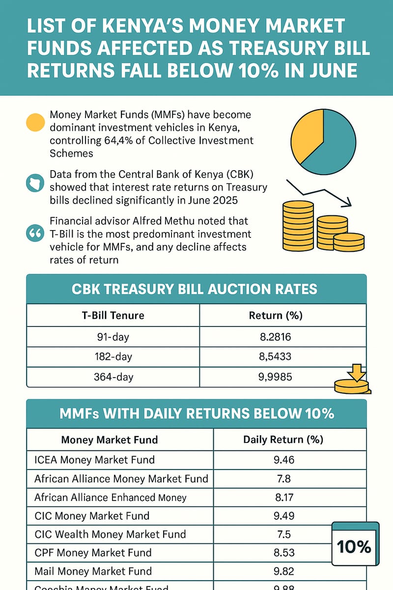 A digital infographic showing the decline in Kenya's Treasury bill returns for June 2025 and its impact on various Money Market Funds...