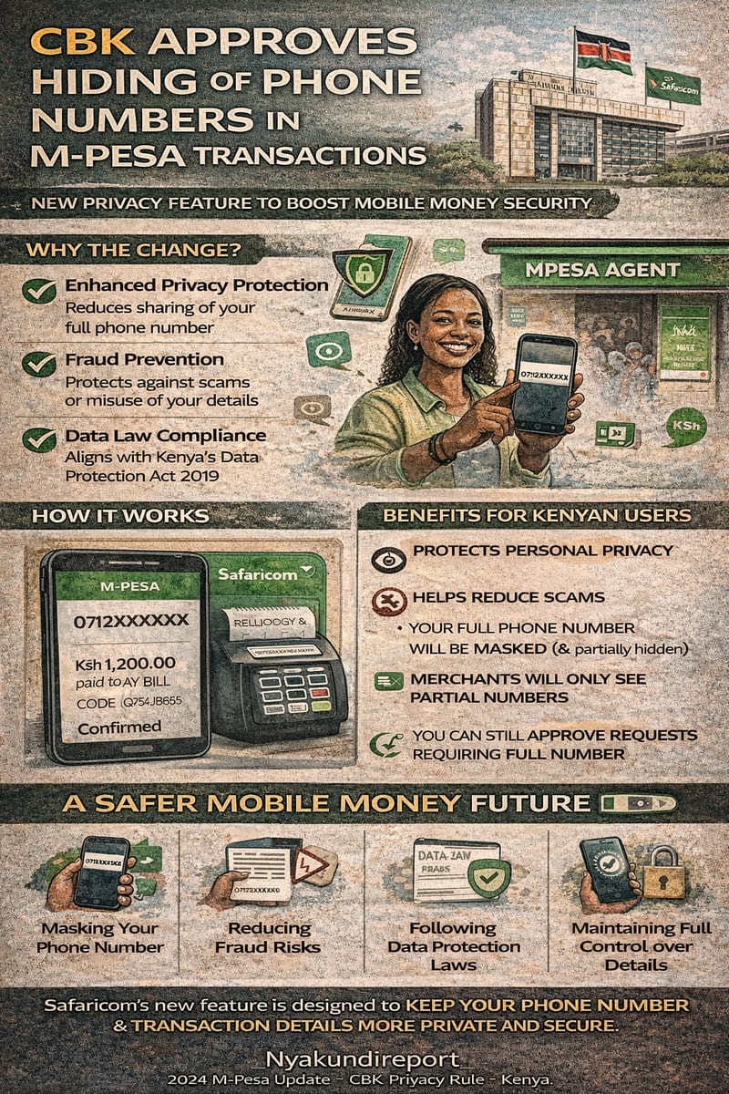 Infographic explaining the CBK-approved M-Pesa update that masks users’ phone numbers during transactions to enhance privacy, prevent...