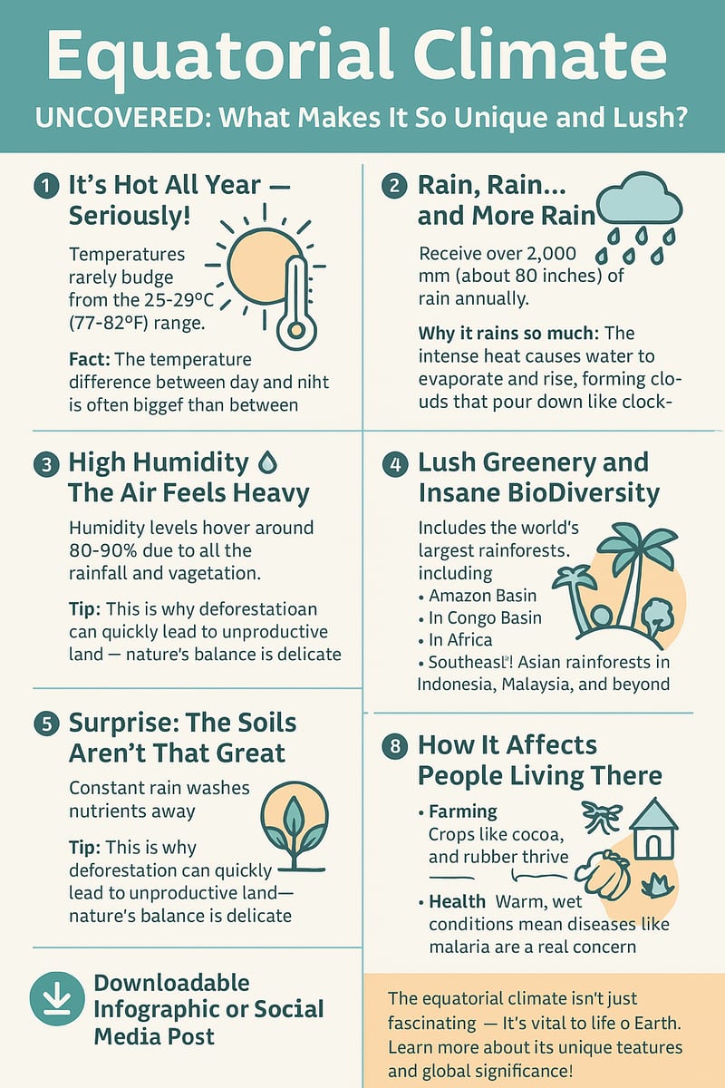 A colorful infographic titled "Equatorial Climate Uncovered" featuring key characteristics such as high rainfall, dense vegetation...