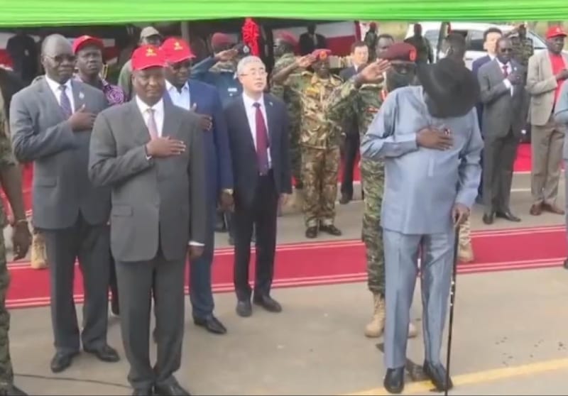 President of South Sudan, Salva Kiir Mayardit is seen in a viral video peeing himself in public while opening a road project on Tuesday.