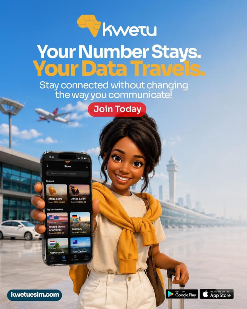 Kwetu eSIM provides prepaid data in 190+ countries with M-Pesa payments, instant activation, easy top-ups, and the option to gift plans...