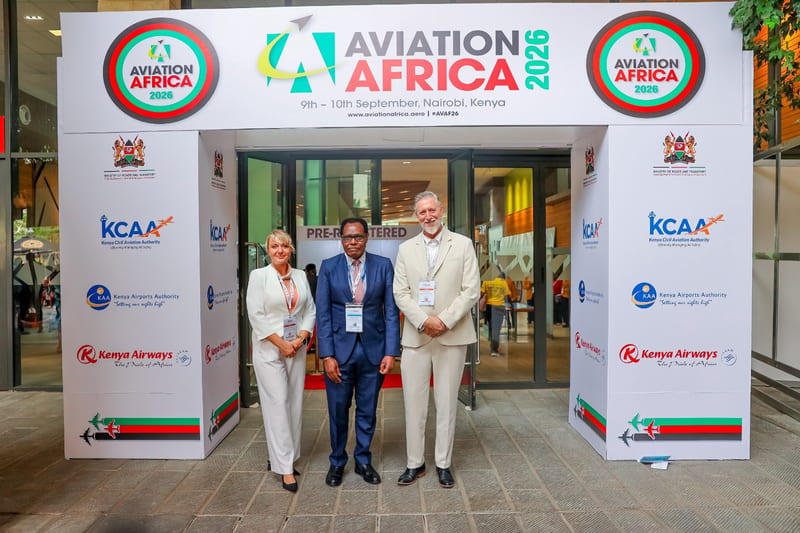 Moses Mwangi, Managing Director of 748 Air Services, with DOTAS Aviation CEO Roman Wild and COO Monika Wild at the Aviation Africa Summit...