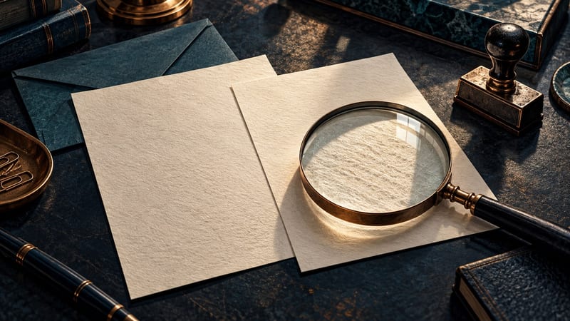 AI-generated editorial illustration. Conceptual illustration of documents examined with a magnifying glass.