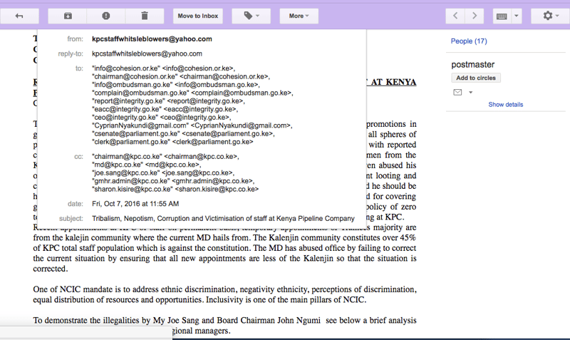 Email to Cyprian Nyakundi exposes Nepotism, Corruption and Victimization of Staff at Kenya Pipeline Company.