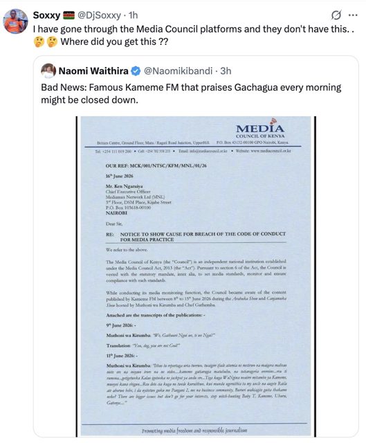 Fake Notice Claiming Kameme FM Faces Shutdown Circulates Online