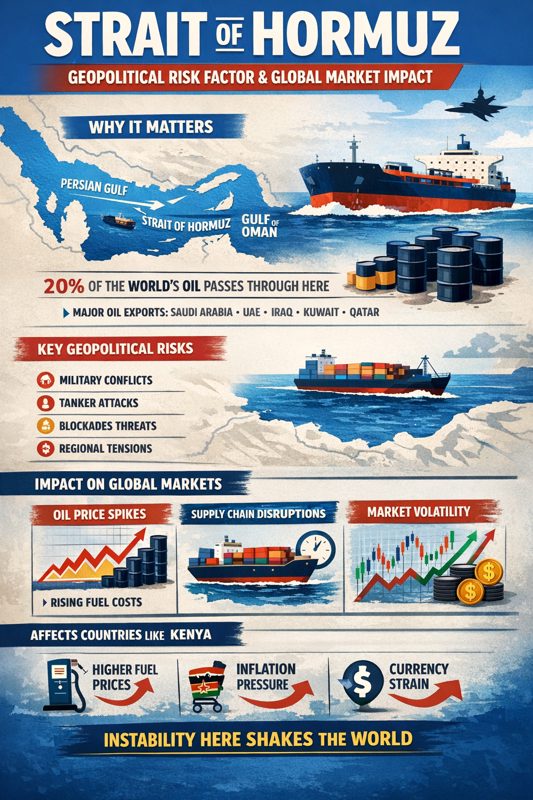 Infographic showing the Strait of Hormuz as a key global oil chokepoint, highlighting geopolitical risks, oil price impacts, supply chain...