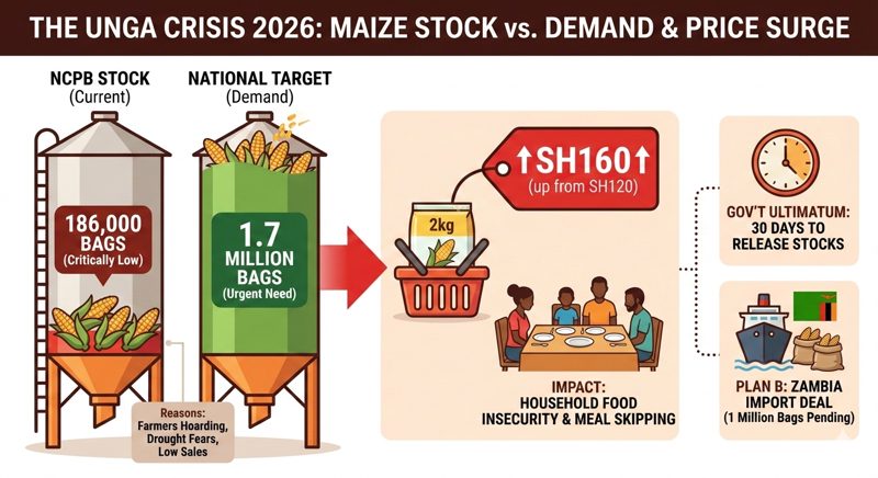 Infographic titled "The Unga Crisis 2026" comparing current NCPB stocks (186k bags) vs national demand (1.7M bags), highlighting the...