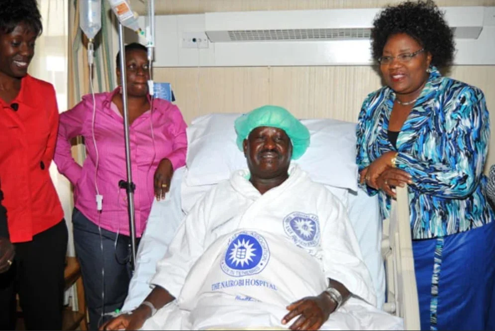 Prime Minister Raila Odinga with is wife Ida (left), daughter Rosemary (right) and his sister Ruth Adhiambo at Nairobi Hospital in 2010
