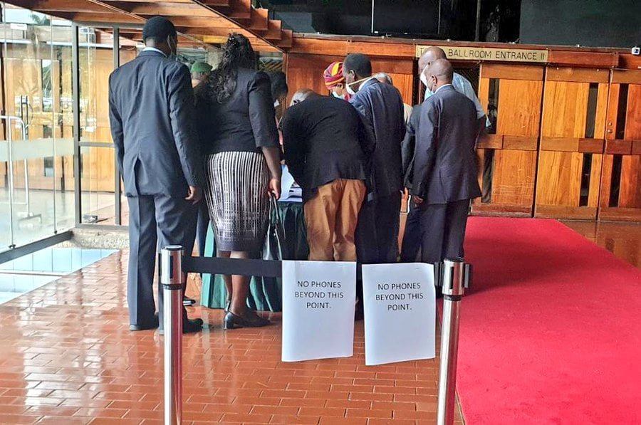 Jubilee MPs register their attendance for today's Parliamentary Group meeting ahead of President Uhuru Kenyatta's arrival at KICC.