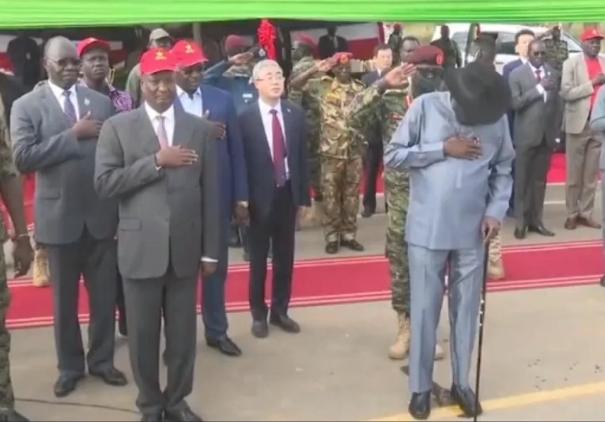 President of South Sudan, Salva Kiir Mayardit is seen in a viral video peeing himself in public while opening a road project on Tuesday.