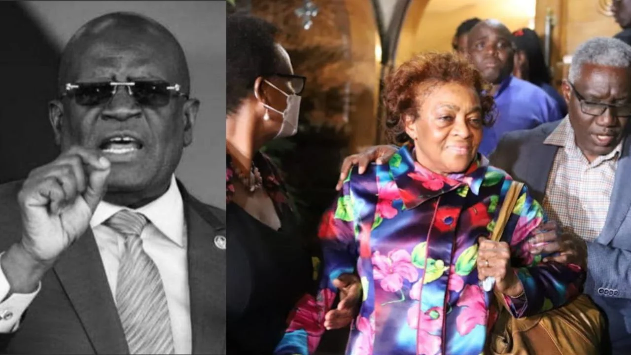 LEFT: The late Education CS Prof George Magoha RIGHT: Magoha's wife Odudu Babra Magoha is seen at Lee Funeral Home