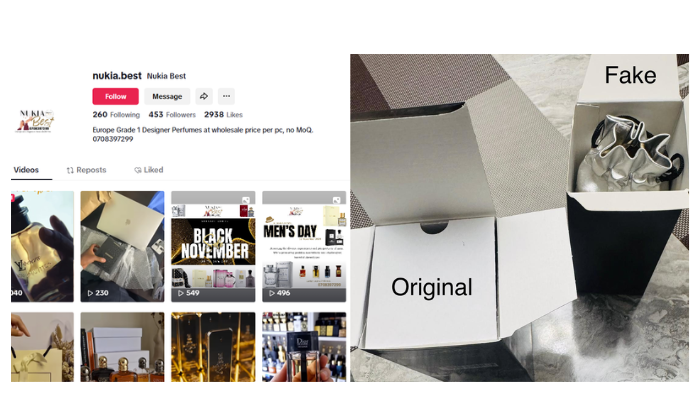 TikTok page of online store Nukia Best used to market branded colognes at low prices, now cited in multiple consumer complaints over fake product sales.