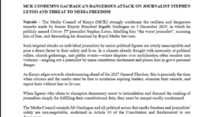 Media Council Condemns Gachagua's 'Dangerous' Attack on Stephen Letoo Over Kariobangi Chaos
