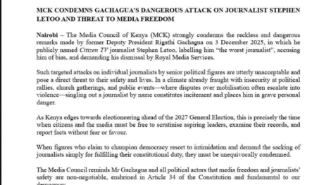Media Council Condemns Gachagua's 'Dangerous' Attack on Stephen Letoo Over Kariobangi Chaos