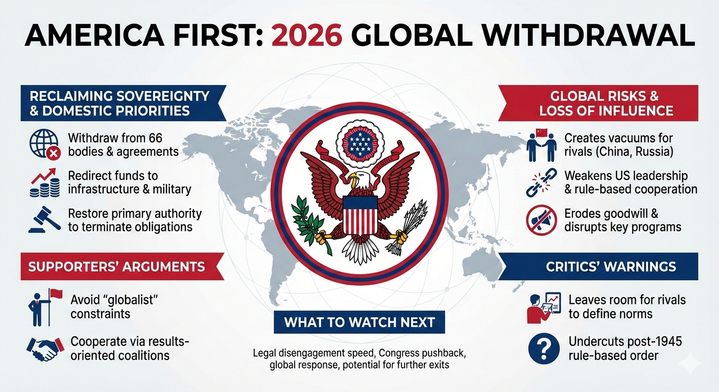 An infographic titled "AMERICA FIRST: 2026 GLOBAL WITHDRAWAL" set against a light gray background with a faded world map and a central United States Great Seal.