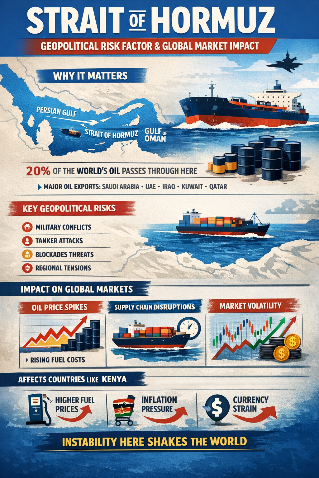 Infographic showing the Strait of Hormuz as a key global oil chokepoint, highlighting geopolitical risks, oil price impacts, supply chain disruptions, and economic effects on countries like Kenya.