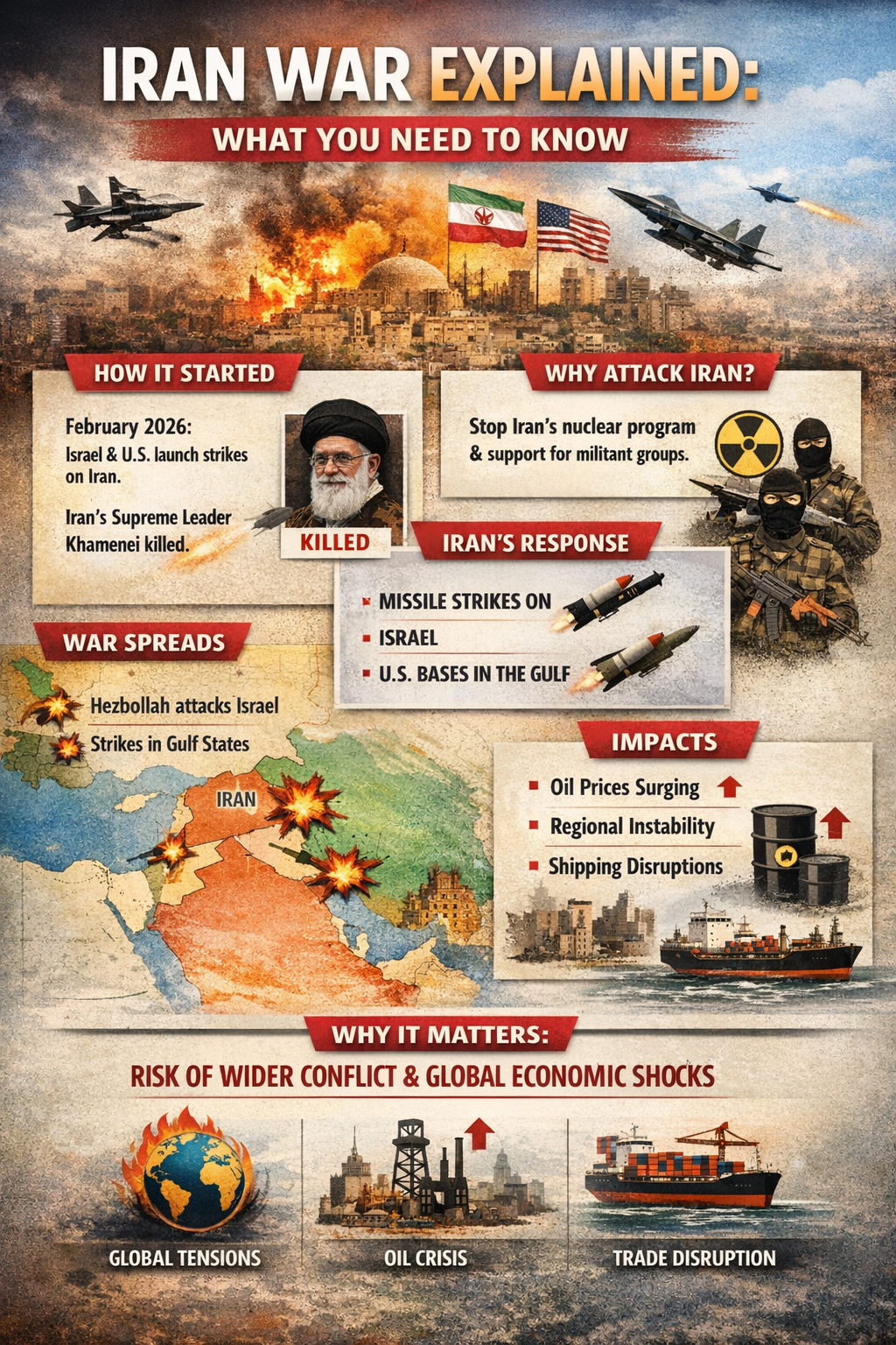 Infographic titled “Iran War Explained: What You Need to Know” summarising the 2026 Iran conflict, including U.S. and Israeli strikes on Iran, Iran’s missile response, regional spread involving Hezbollah and Gulf states, and global impacts such as rising oil prices, shipping disruptions and risk of wider conflict.